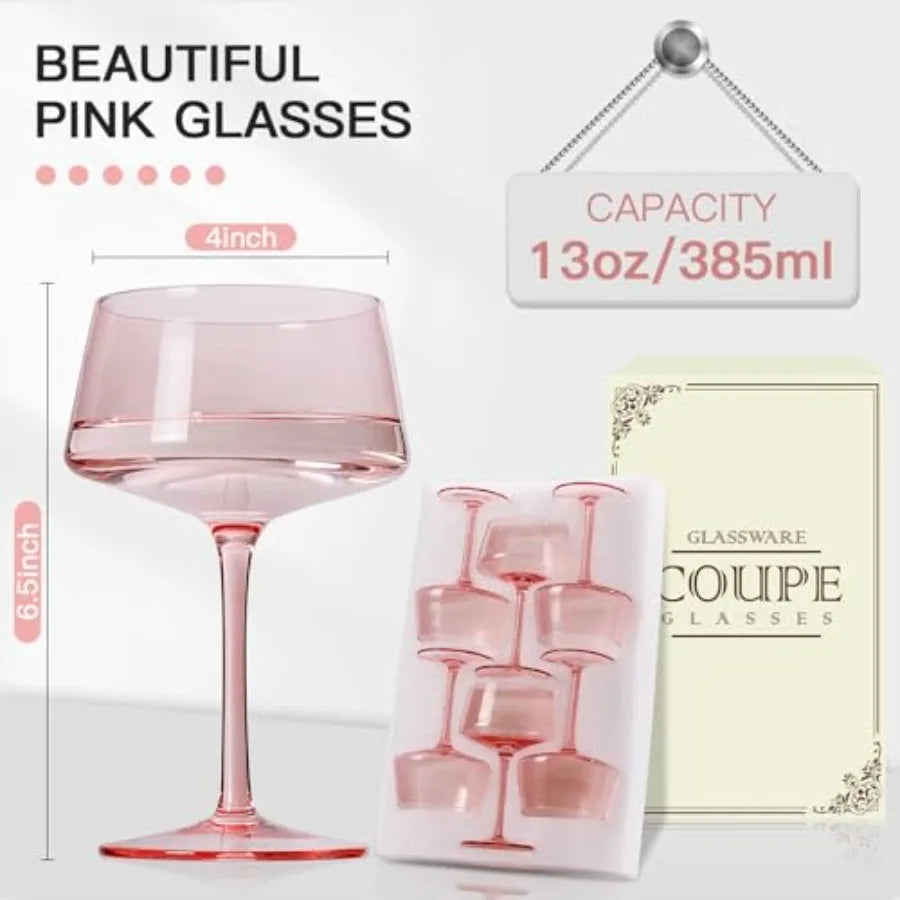 Pink Martini Glasses Set of 6 - Hand Blown Colorful Cocktail Coupe 13Oz Premium Crystal Large Margarita Bar Drinking Glass - Gi
