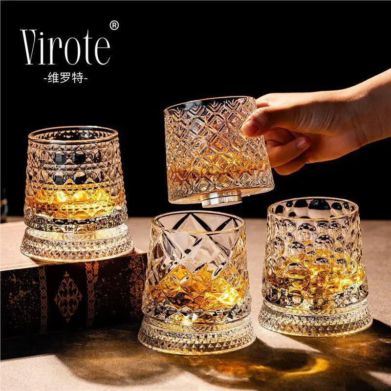 Whiskey Glasses Rotating Whisky Glass With Glass Base 360 Rotate Degrees Crystal Rum Glass For Cocktail Party Drinking【Homeclub】