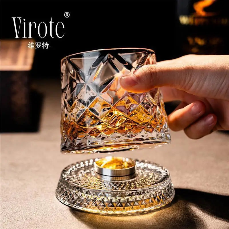 Whiskey Glasses Rotating Whisky Glass With Glass Base 360 Rotate Degrees Crystal Rum Glass For Cocktail Party Drinking【Homeclub】