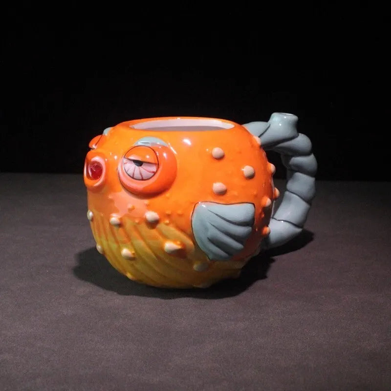 Funny Ceramic Tiki Cup Cute Pufferfish Cup 600ml Ventilation Hole Tropical Hawaiian Cocktail Glass Bar Party Pipe Cup Decor Mug
