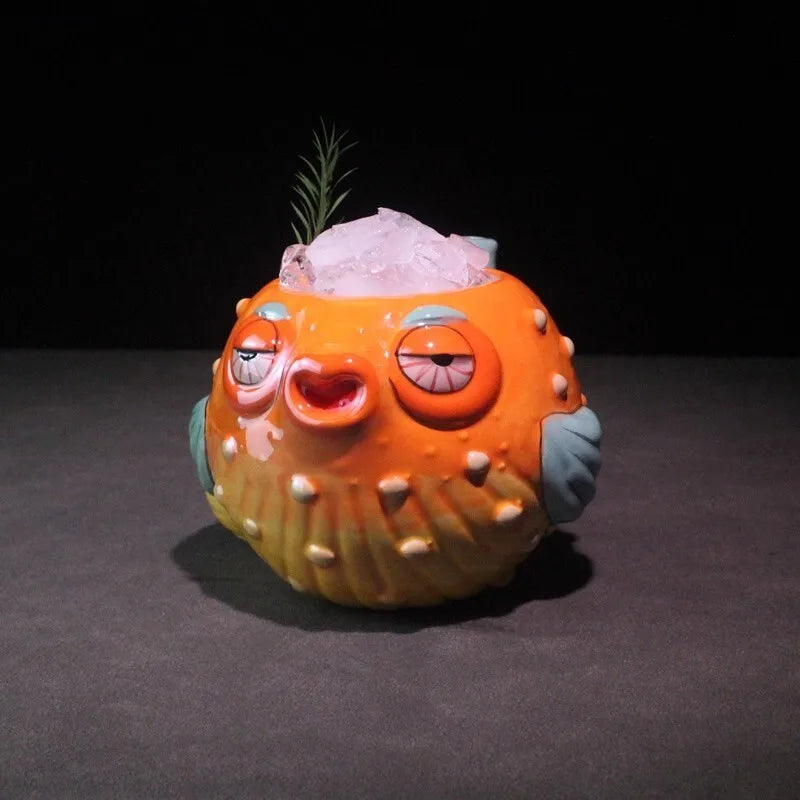 Funny Ceramic Tiki Cup Cute Pufferfish Cup 600ml Ventilation Hole Tropical Hawaiian Cocktail Glass Bar Party Pipe Cup Decor Mug