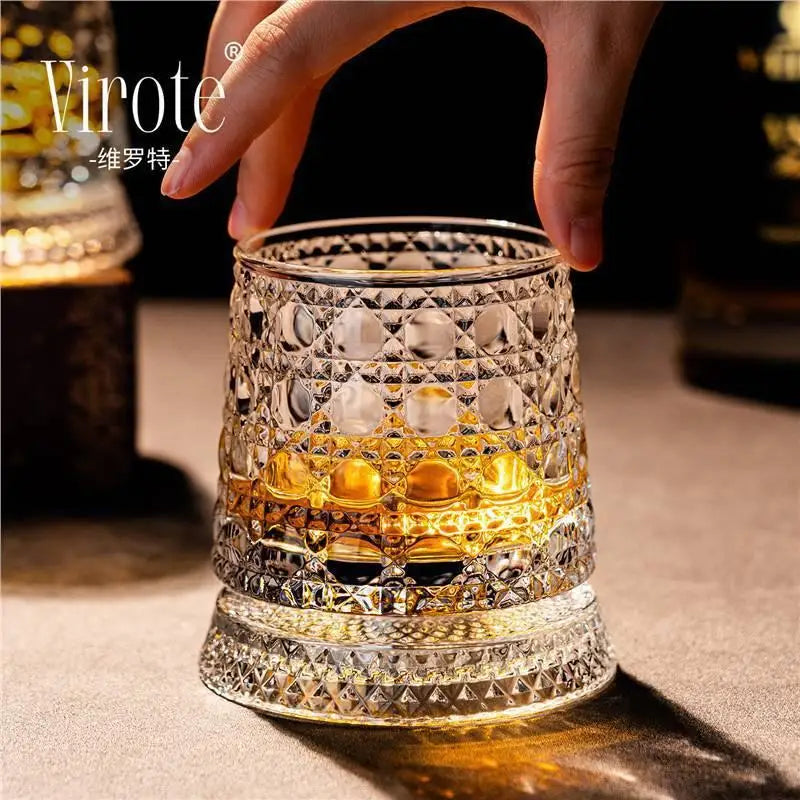 Whiskey Glasses Rotating Whisky Glass With Glass Base 360 Rotate Degrees Crystal Rum Glass For Cocktail Party Drinking【Homeclub】